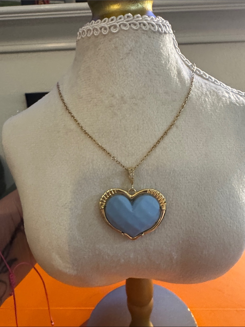 Gold Heart Pendant Necklace with Light Blue Inlay